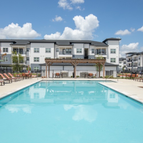 resort style pool in a courtyard