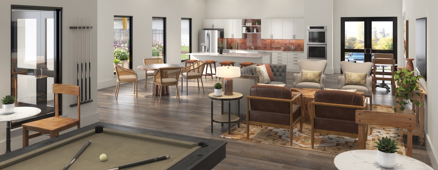 a clubroom with a pool table, tables and chairs