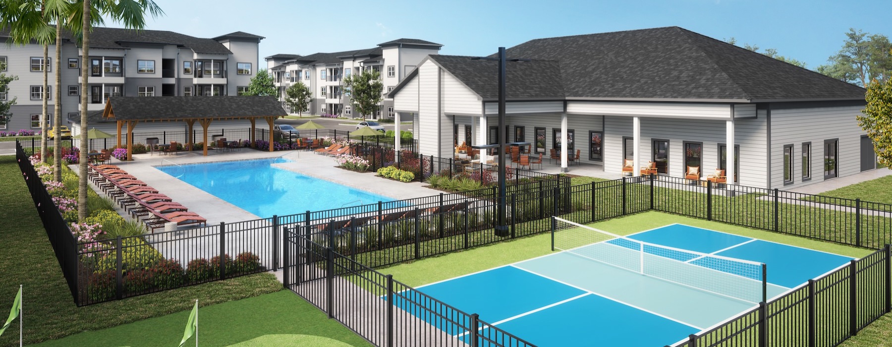 a tennis court and a pool