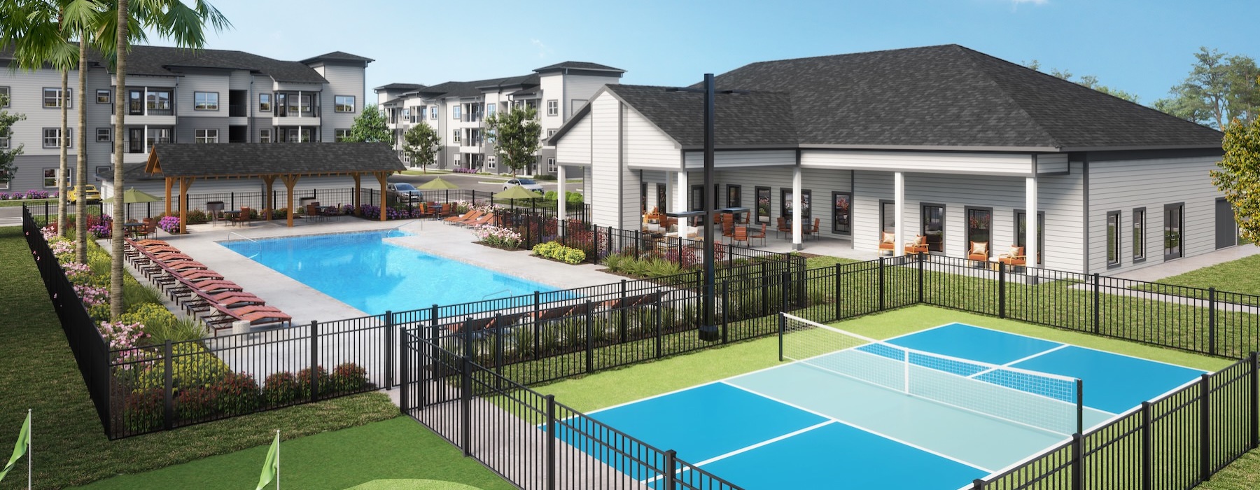a tennis court and a pool