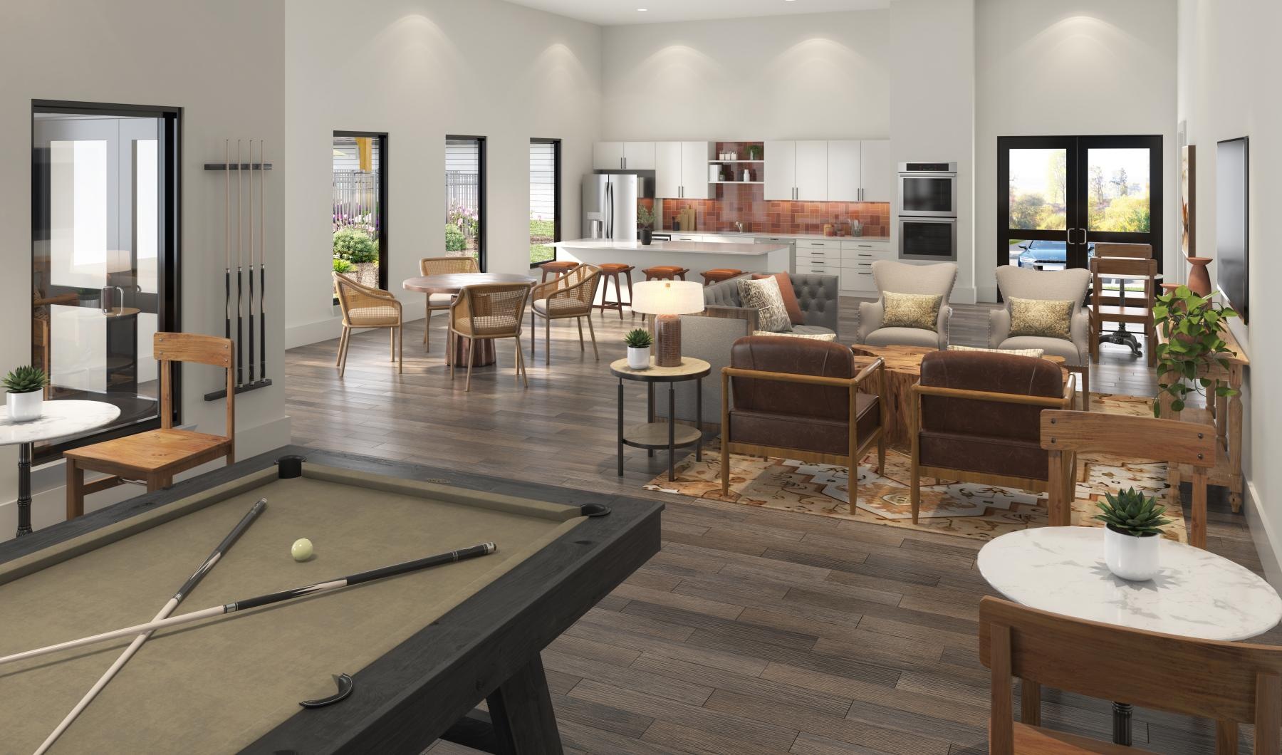 Resident lounge with seating areas and pool table at Arbor Rose apartments near New Caney, TX.